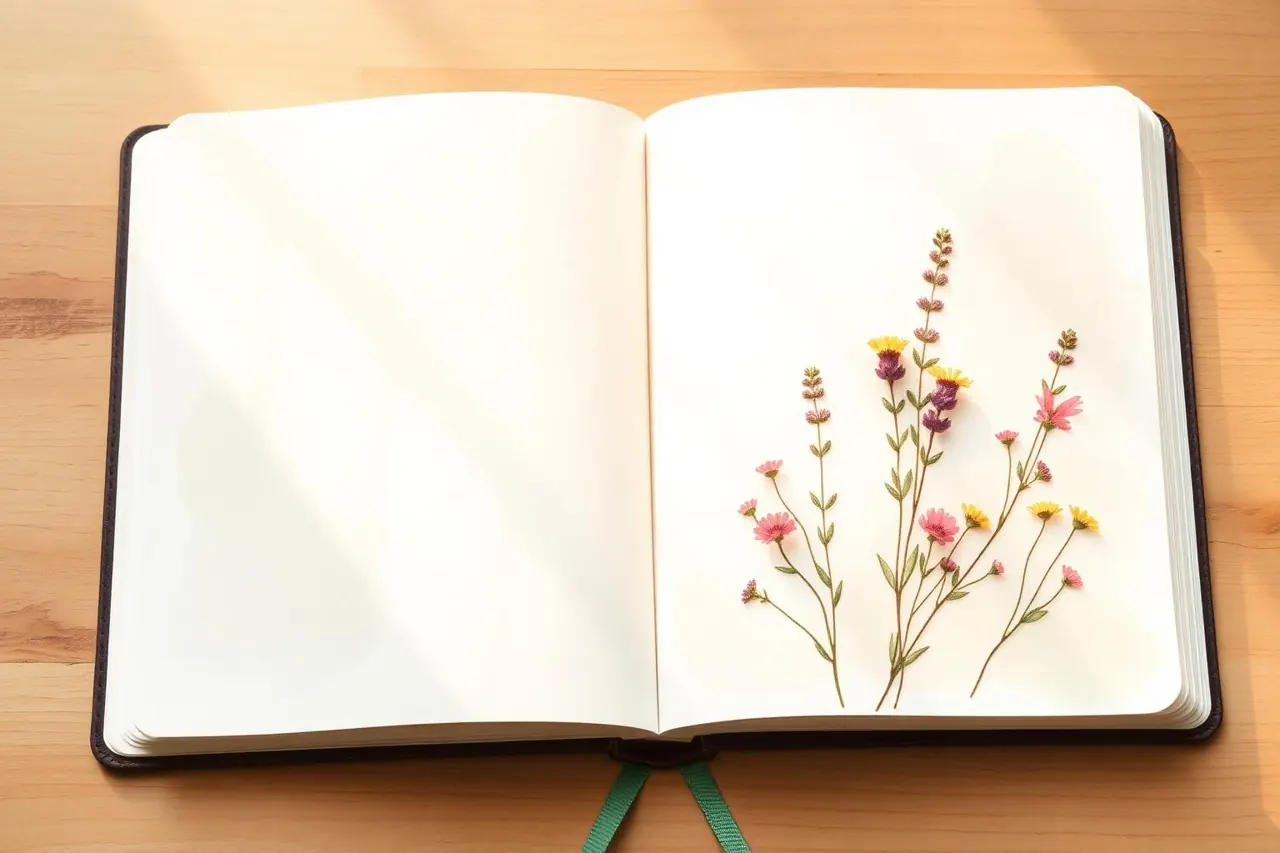 Open journal with pressed wildflowers in soft morning light